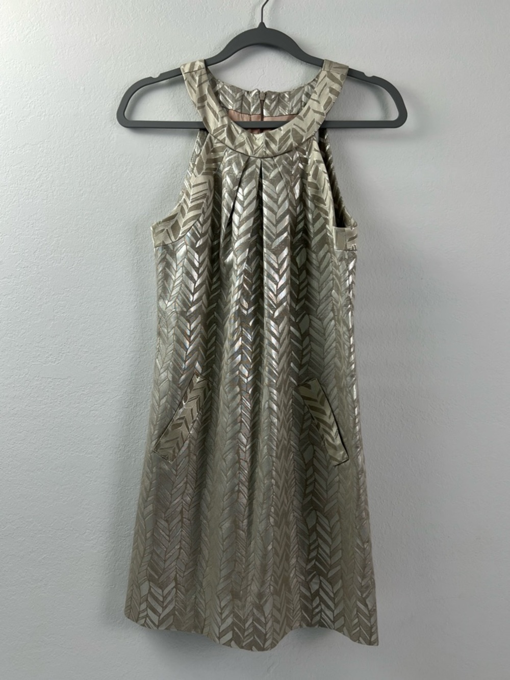 Trina Turk Los Angeles Metallic Gold Silver Halter Mini Cocktail Holiday Dress